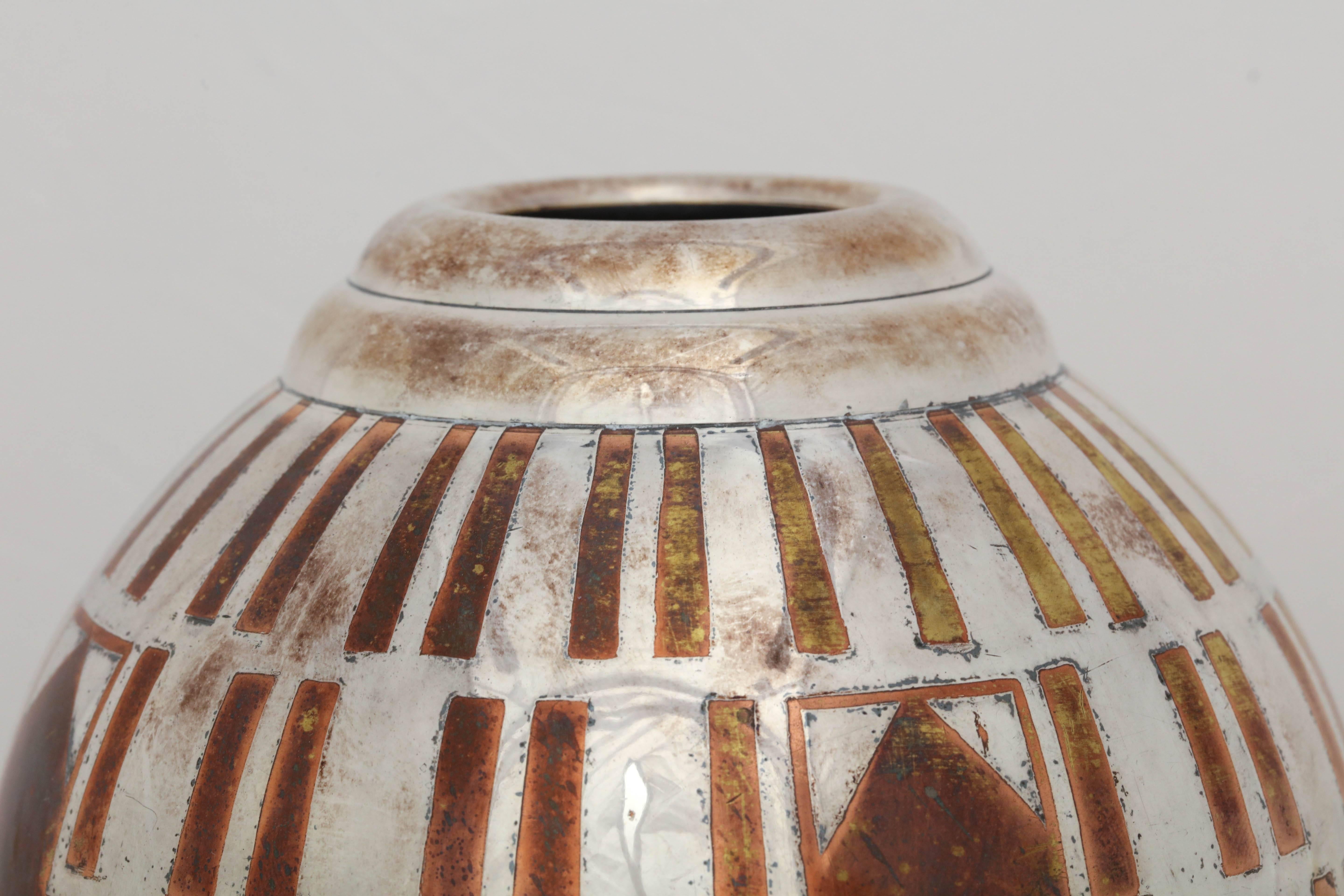 20th Century French Art Deco Copper and Silver Dinanderie Vase by Luc Lanel for Christofle For Sale