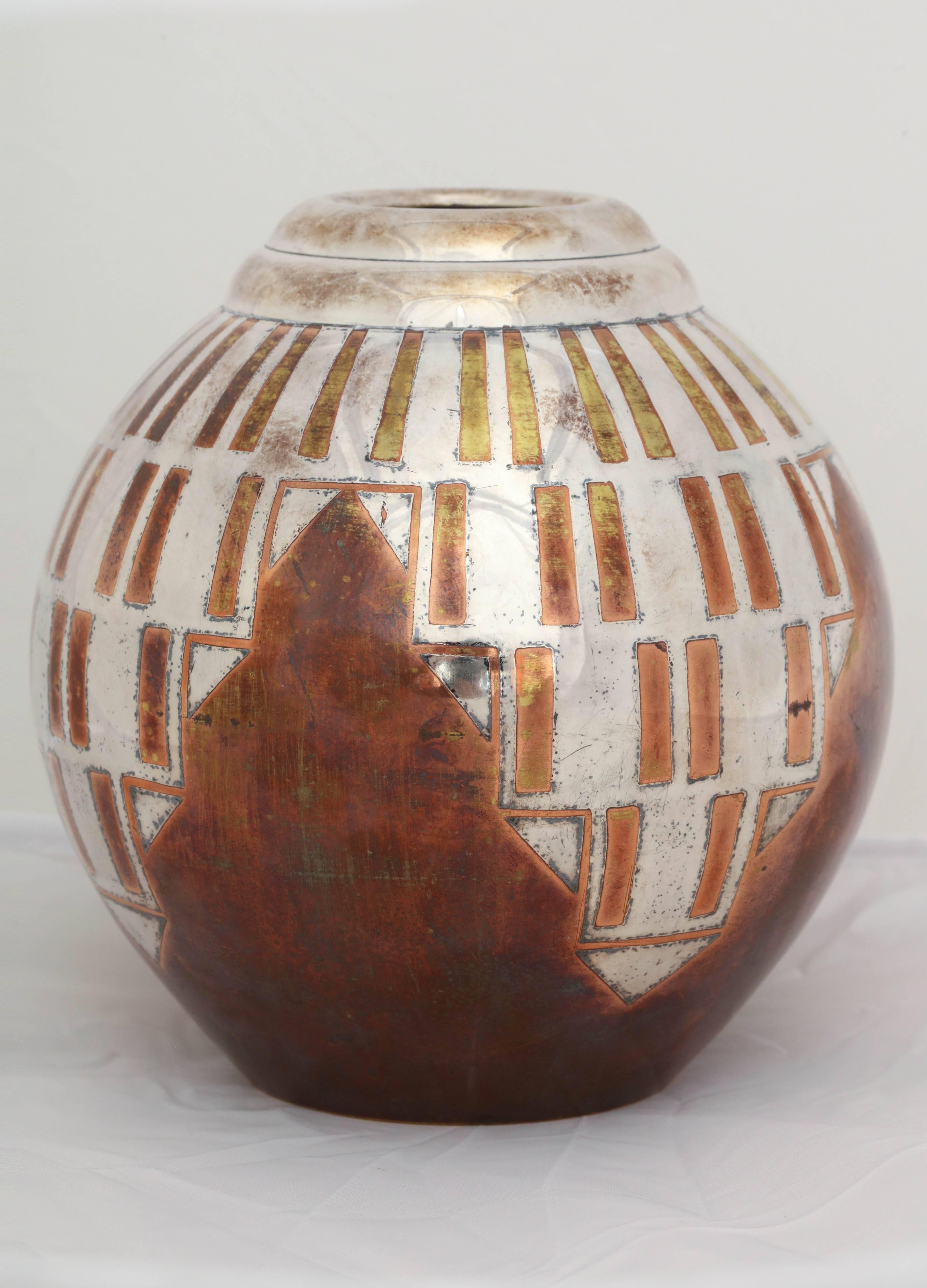 French Art Deco Copper and Silver Dinanderie Vase by Luc Lanel for Christofle For Sale 1