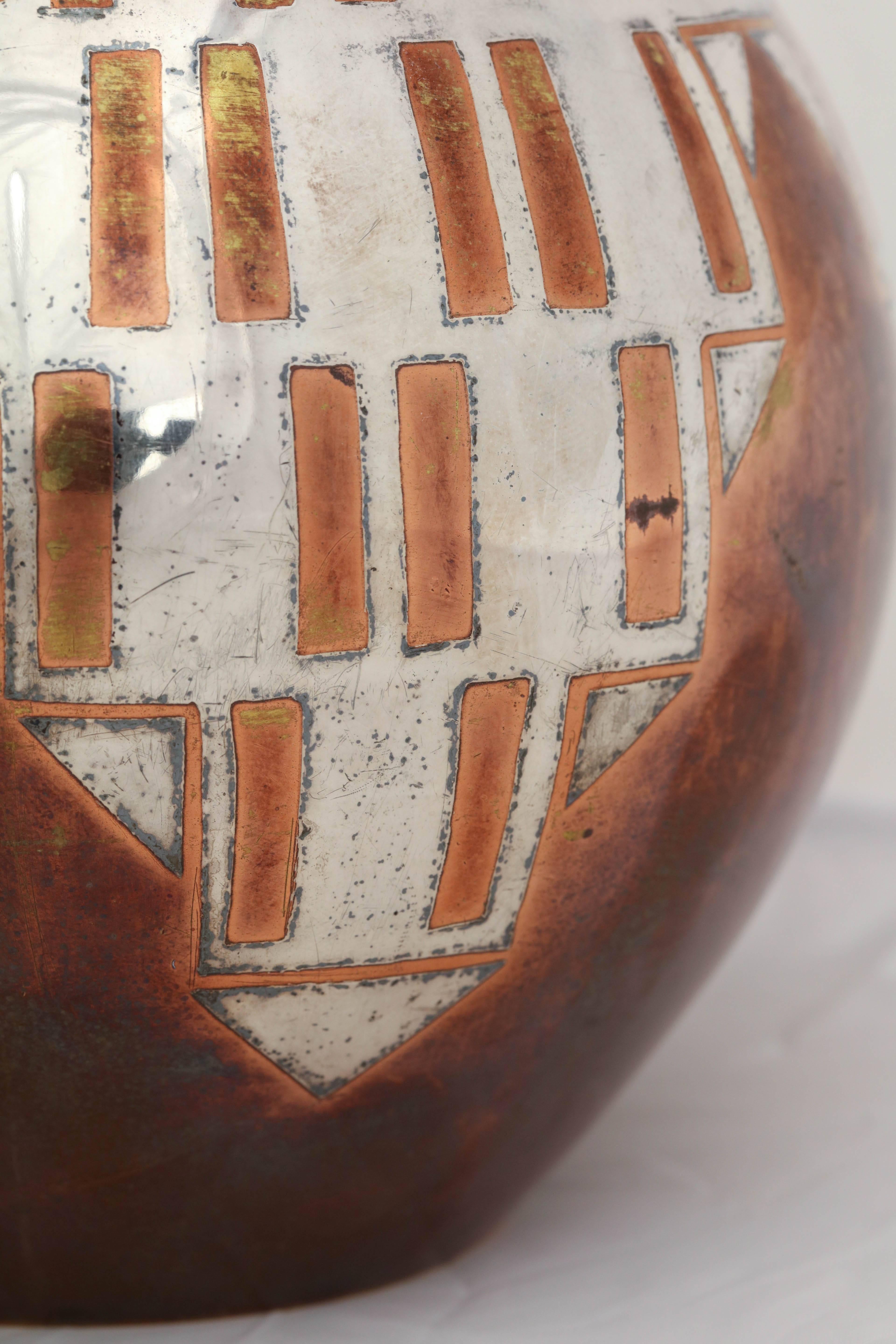 French Art Deco Copper and Silver Dinanderie Vase by Luc Lanel for Christofle For Sale 2