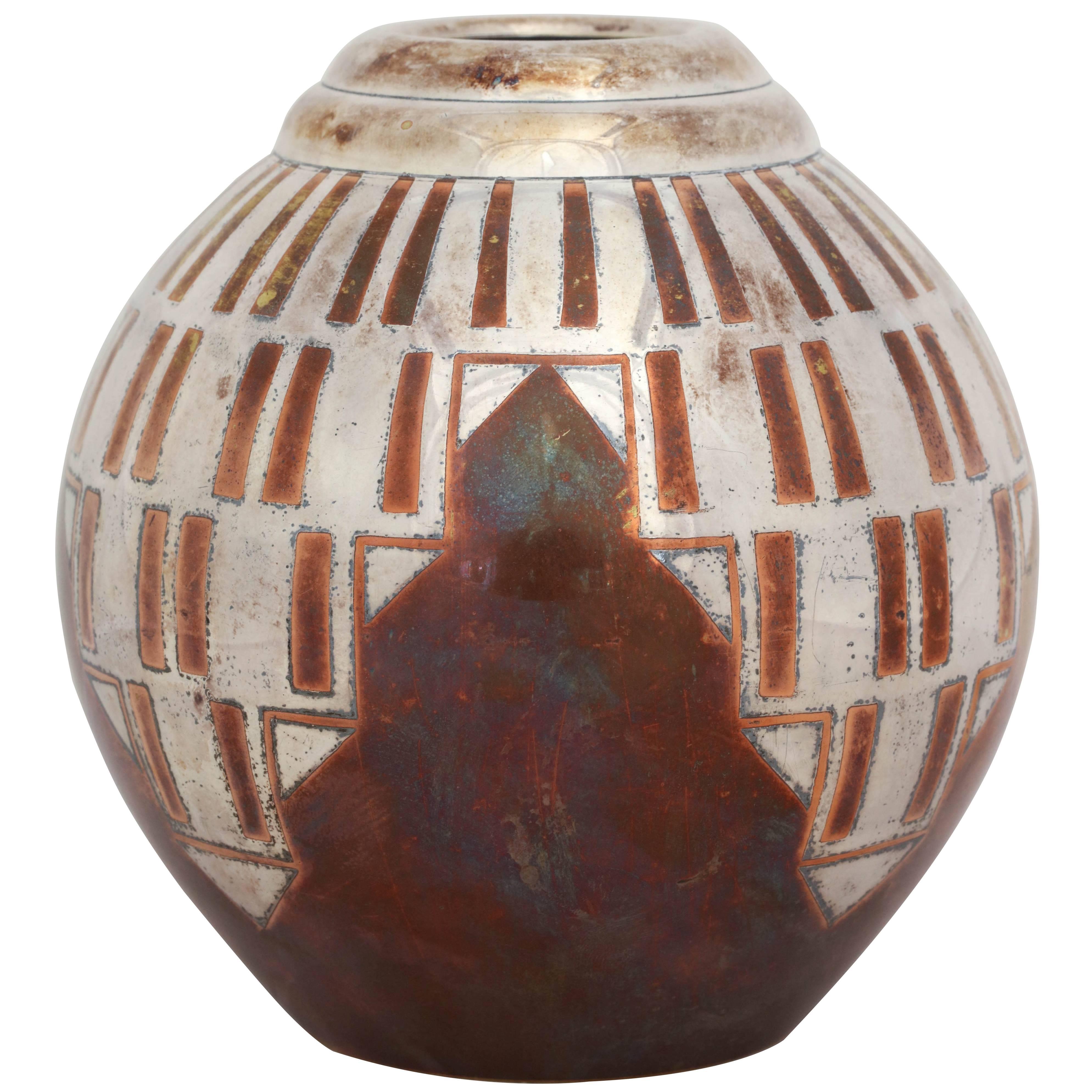 French Art Deco Copper and Silver Dinanderie Vase by Luc Lanel for Christofle For Sale