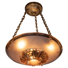 French Art Deco Copper Hued Glass Pendant with Gilt Brass Fittings