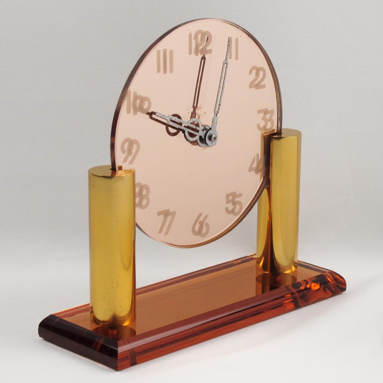 French Art Deco Copper Mirror Peach Glass Brass Table Desk Vanity Clock