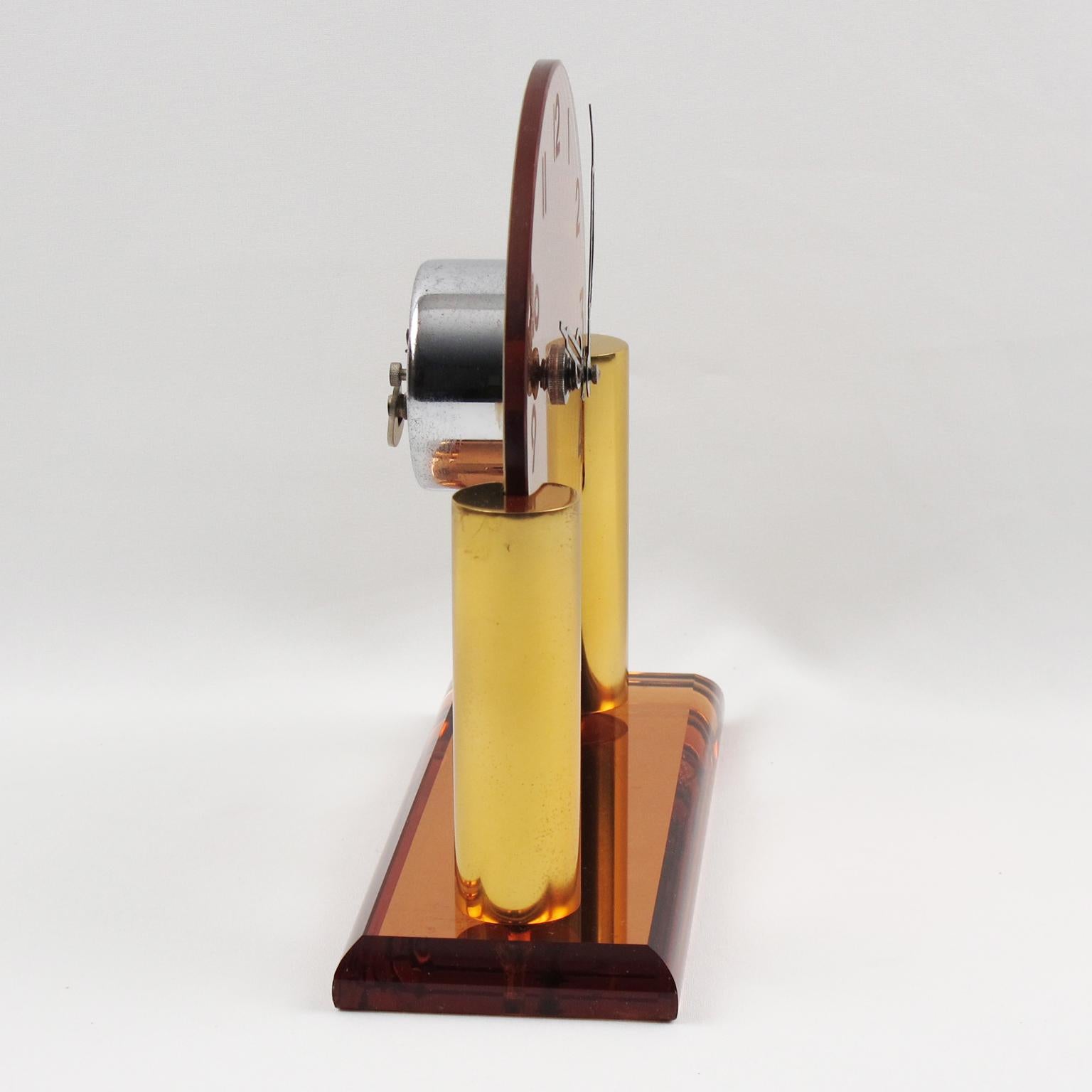 French Art Deco Copper Mirror Peach Glass Brass Table Desk Vanity Clock In Good Condition In Atlanta, GA