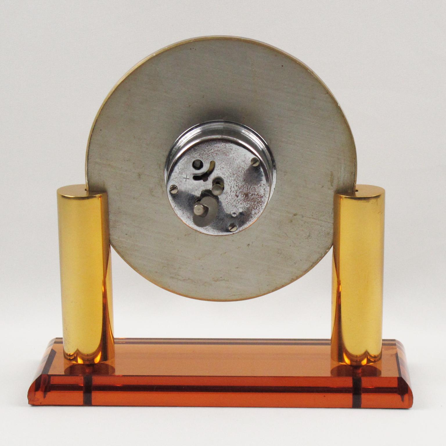 Mid-20th Century French Art Deco Copper Mirror Peach Glass Brass Table Desk Vanity Clock