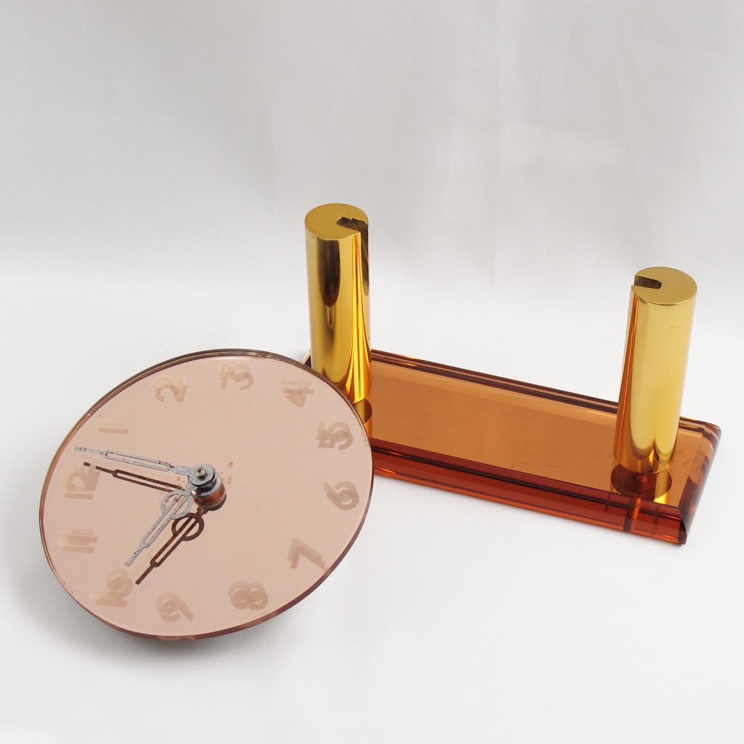 French Art Deco Copper Mirror Peach Glass Brass Table Desk Vanity Clock 2