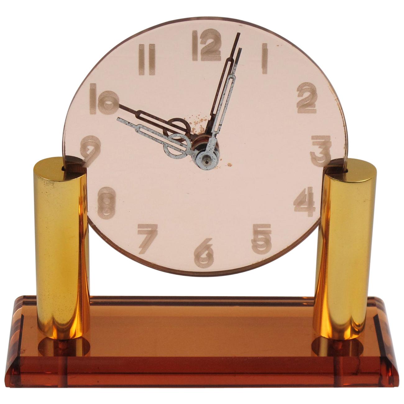 French Art Deco Copper Mirror Peach Glass Brass Table Desk Vanity Clock