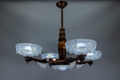 French Art Deco Coppered Metal and Opalescent Glass Chandelier by Ezan, 1930s