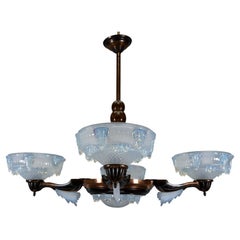 French Art Deco Coppered Metal and Opalescent Glass Chandelier by Ezan, 1930s