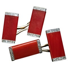 French Art Deco Coral and Diamond Double Cufflinks Ref: 798412