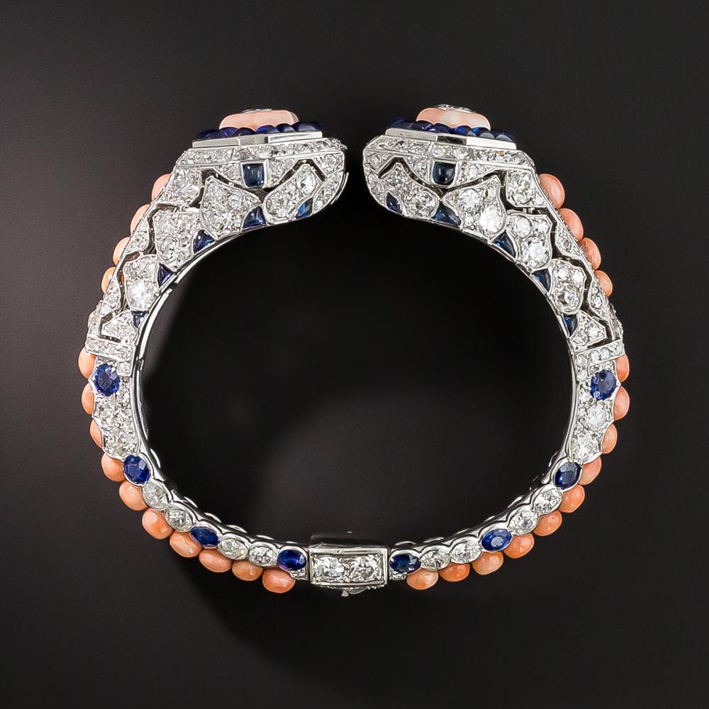 Women's or Men's French Art Deco Coral, Diamond and Sapphire Bangle