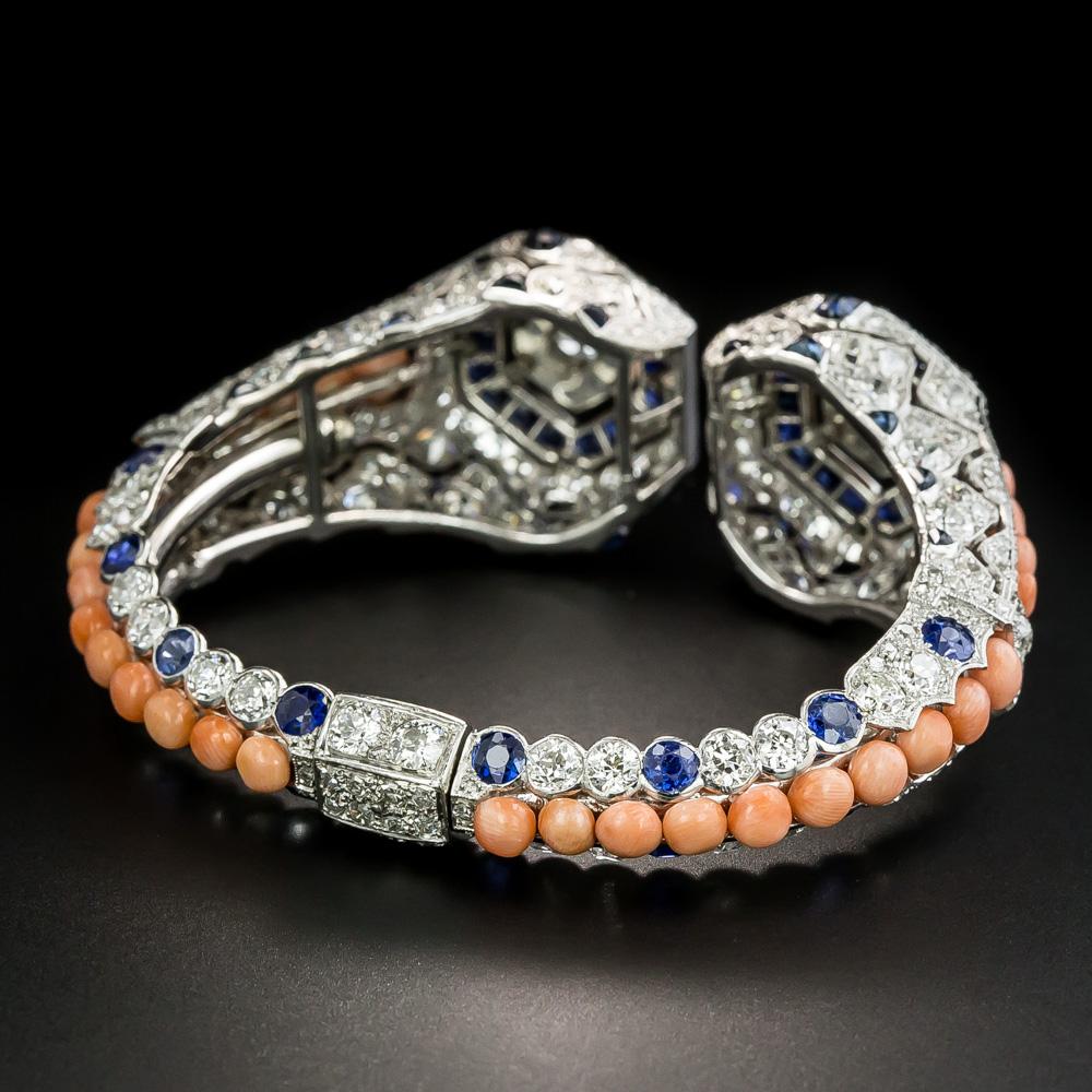 French Art Deco Coral, Diamond and Sapphire Bangle 1