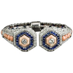 Vintage French Art Deco Coral, Diamond and Sapphire Bangle