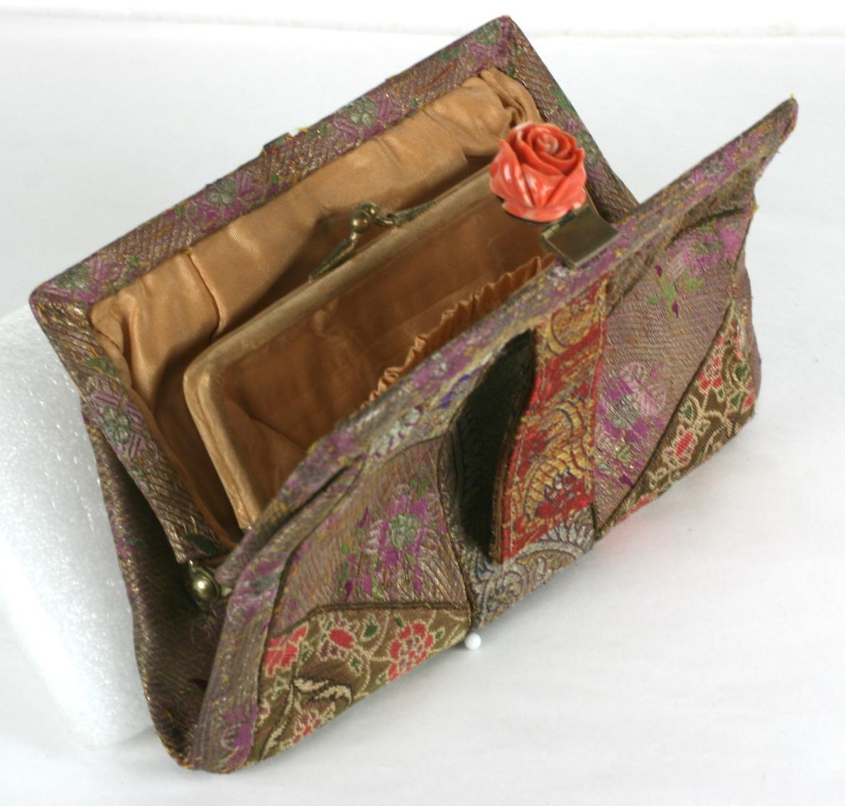 Brown French Art Deco Coral Rose Evening Clutch Bag For Sale