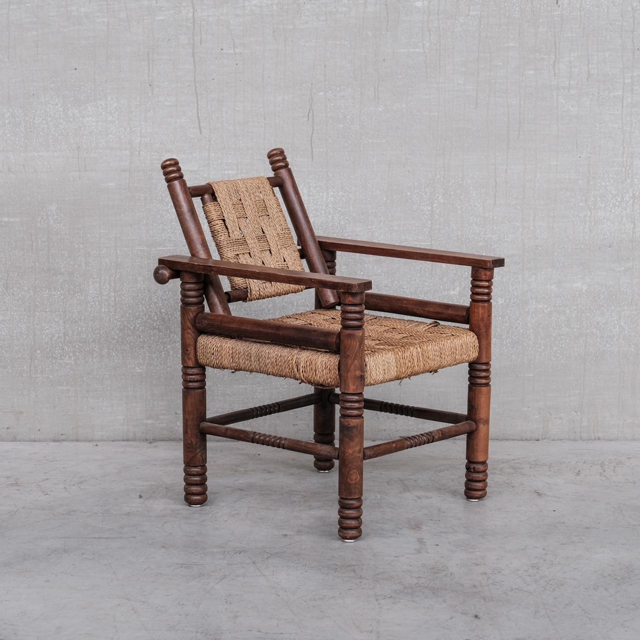 Mid-Century Modern French Art Deco Cord and Oak Armchair Attr. to Charles Dudouyt For Sale