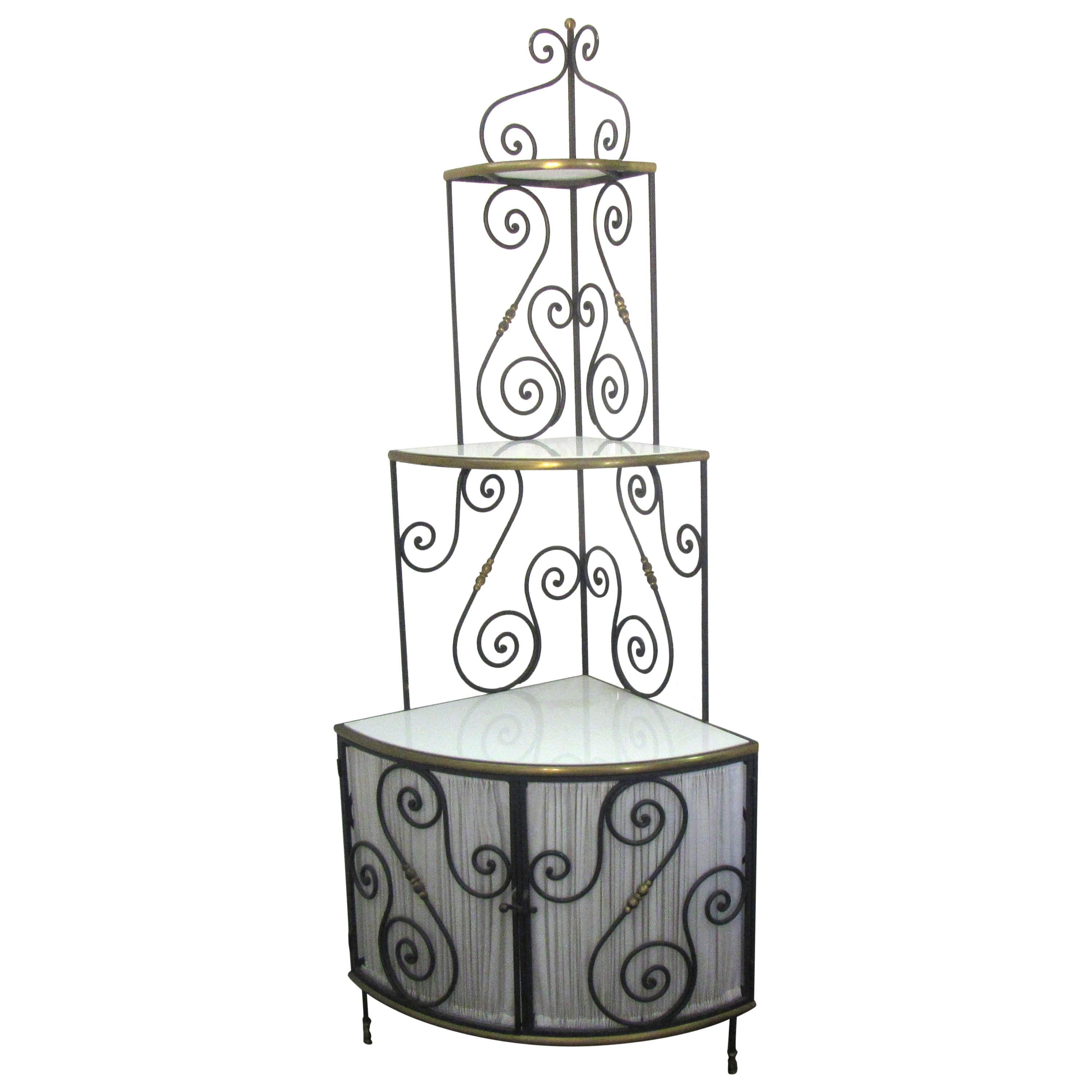 French Art Deco Corner Baker's Rack in Metal with Milk Glass Shelves