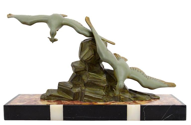 French Art Deco seagull couple sculpture, France, 1930s. Spelter, marble & onyx. Measures: Height: 11