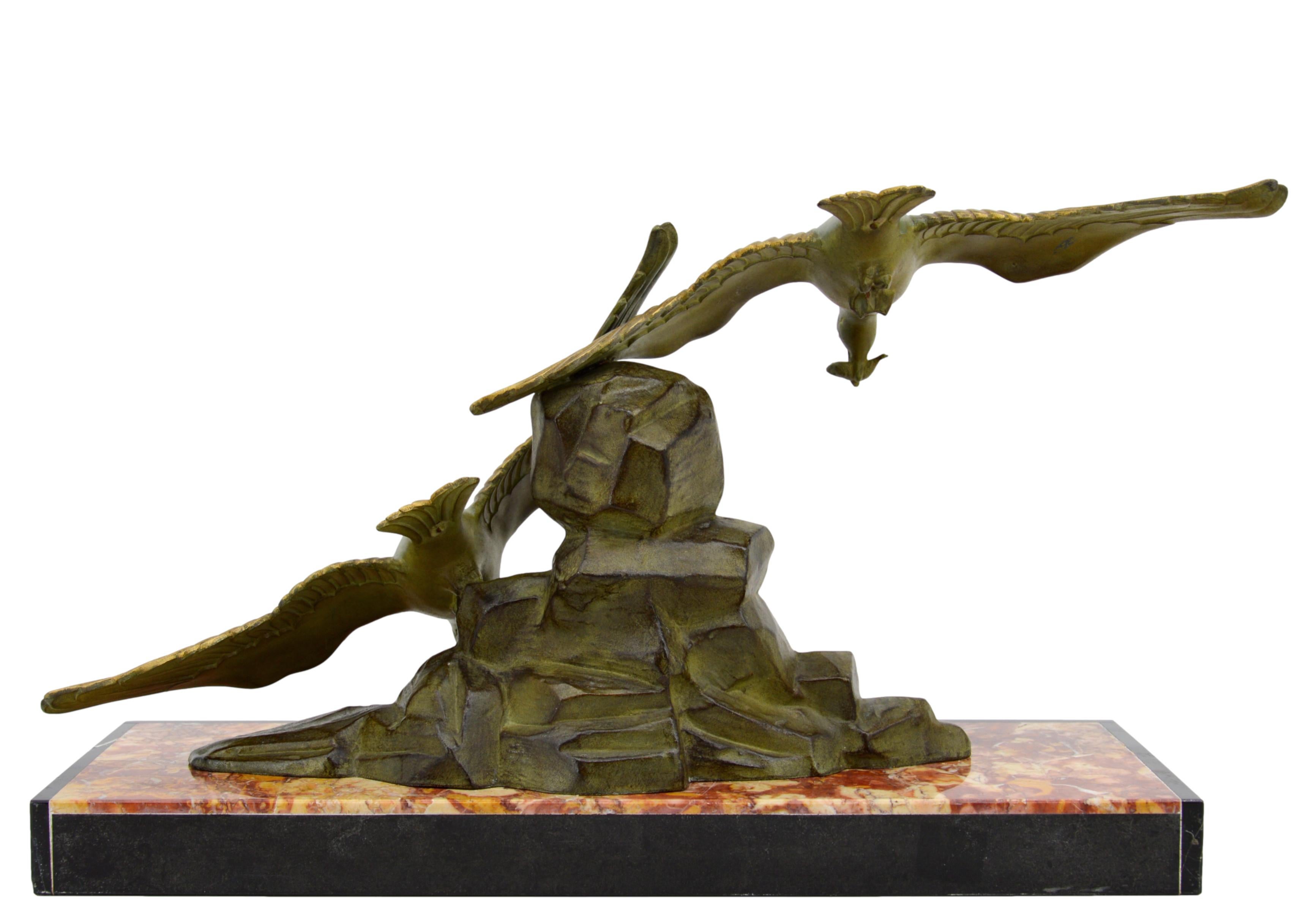 French Art Deco seagull couple sculpture, France, 1930s. Spelter, marble & onyx. Measures: Height: 11