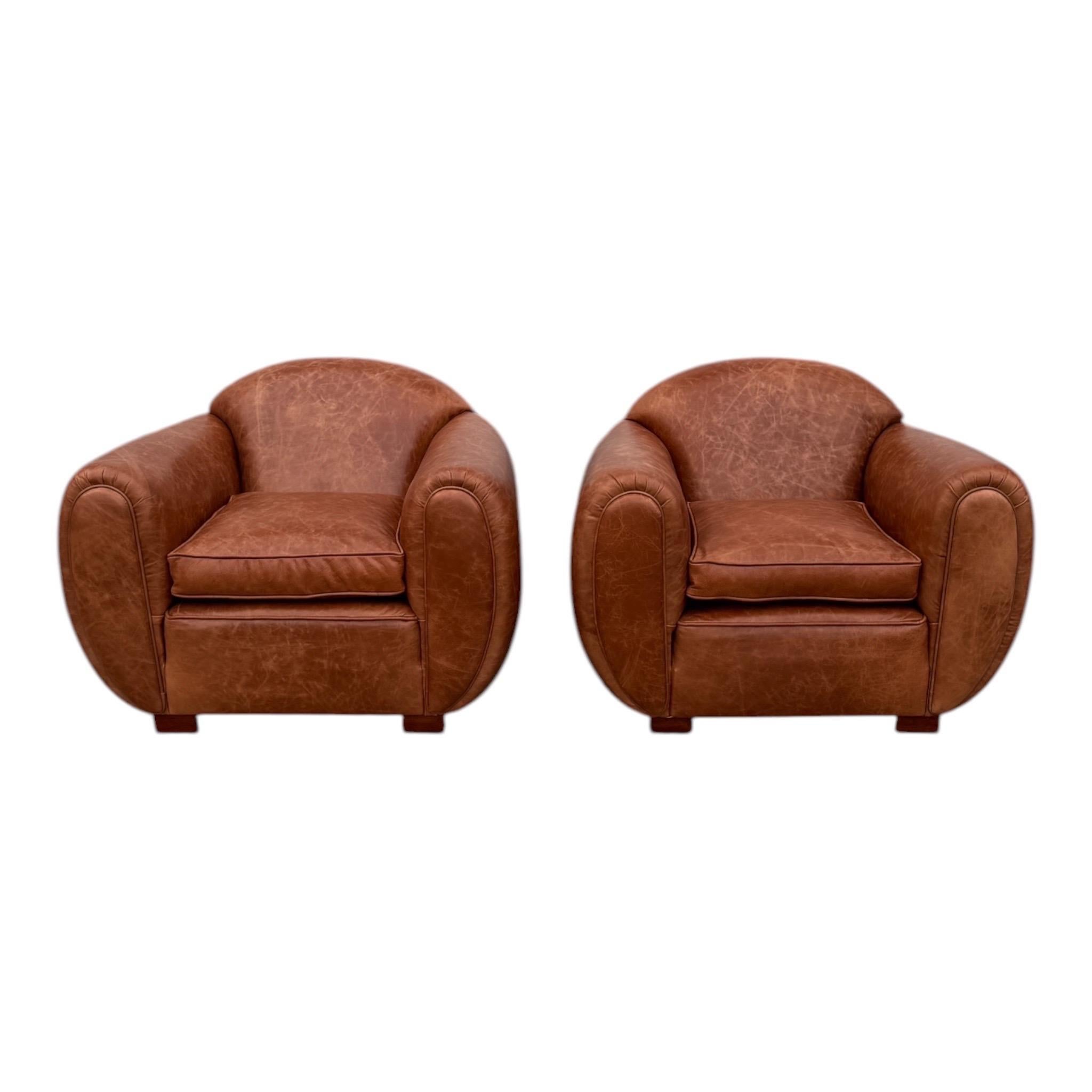 French Art Deco Club Chairs in Cowhide Leather, Circa 1930