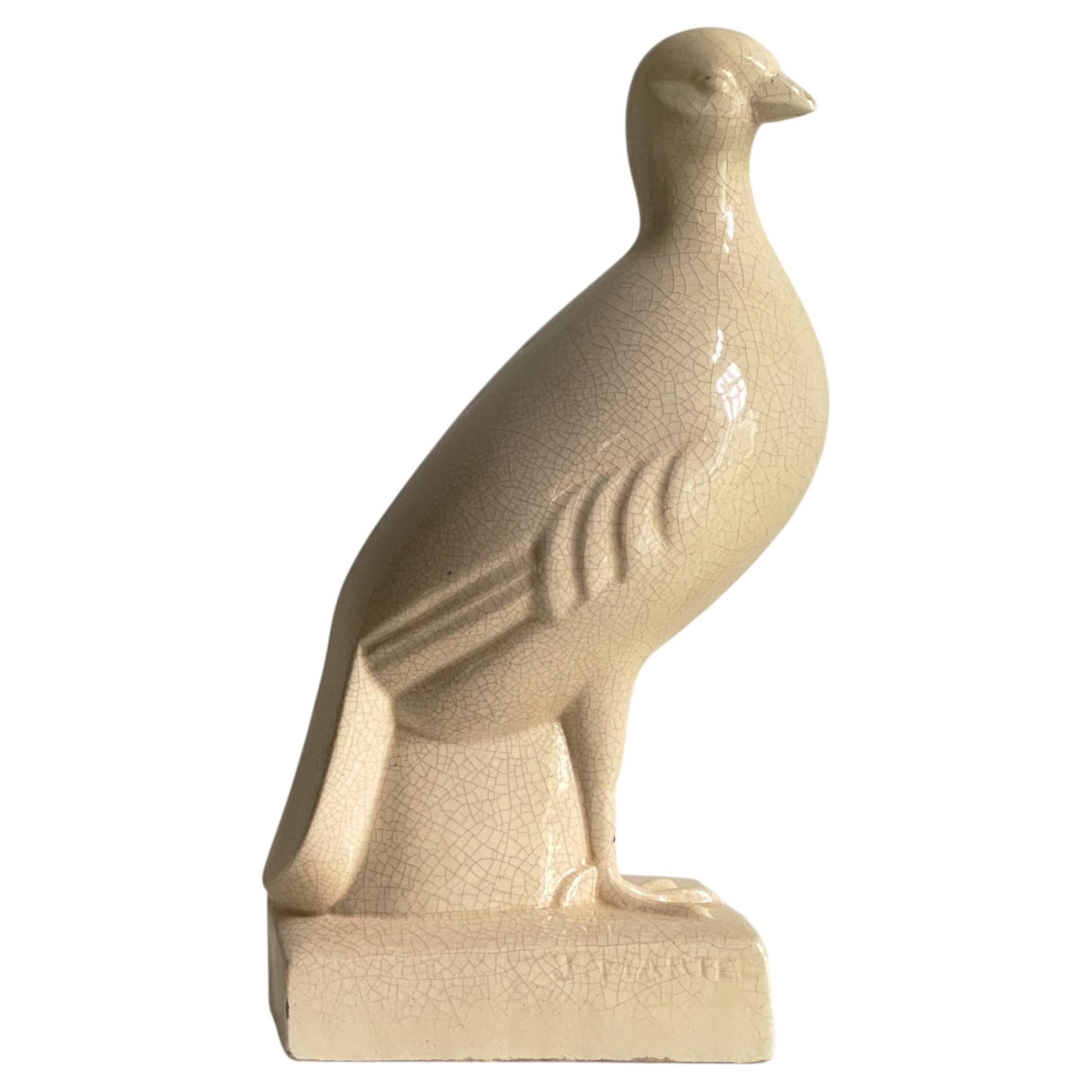 Escultura de pájaro en cerámica con efecto craquelado de estilo Art Déco francés, obra de Robert Lallemant y J. Martel