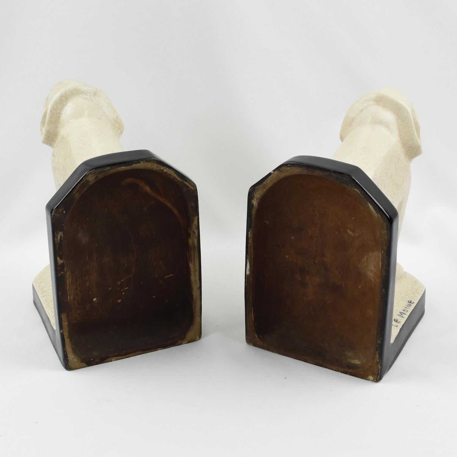 French Art Deco Crackle Ceramic Elephant Sculpture Bookends by Le Moine, France 1930s