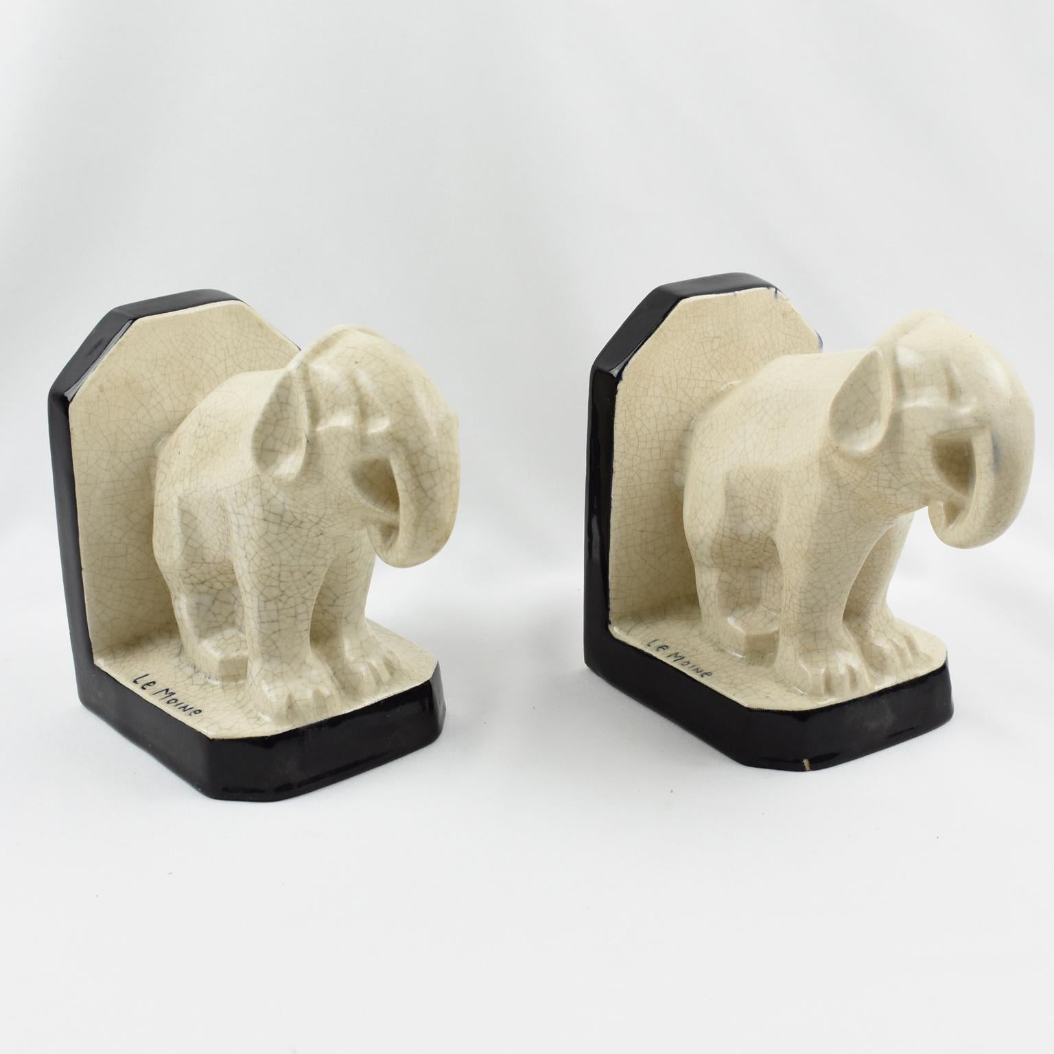 Early 20th Century Art Deco Crackle Ceramic Elephant Sculpture Bookends by Le Moine, France 1930s