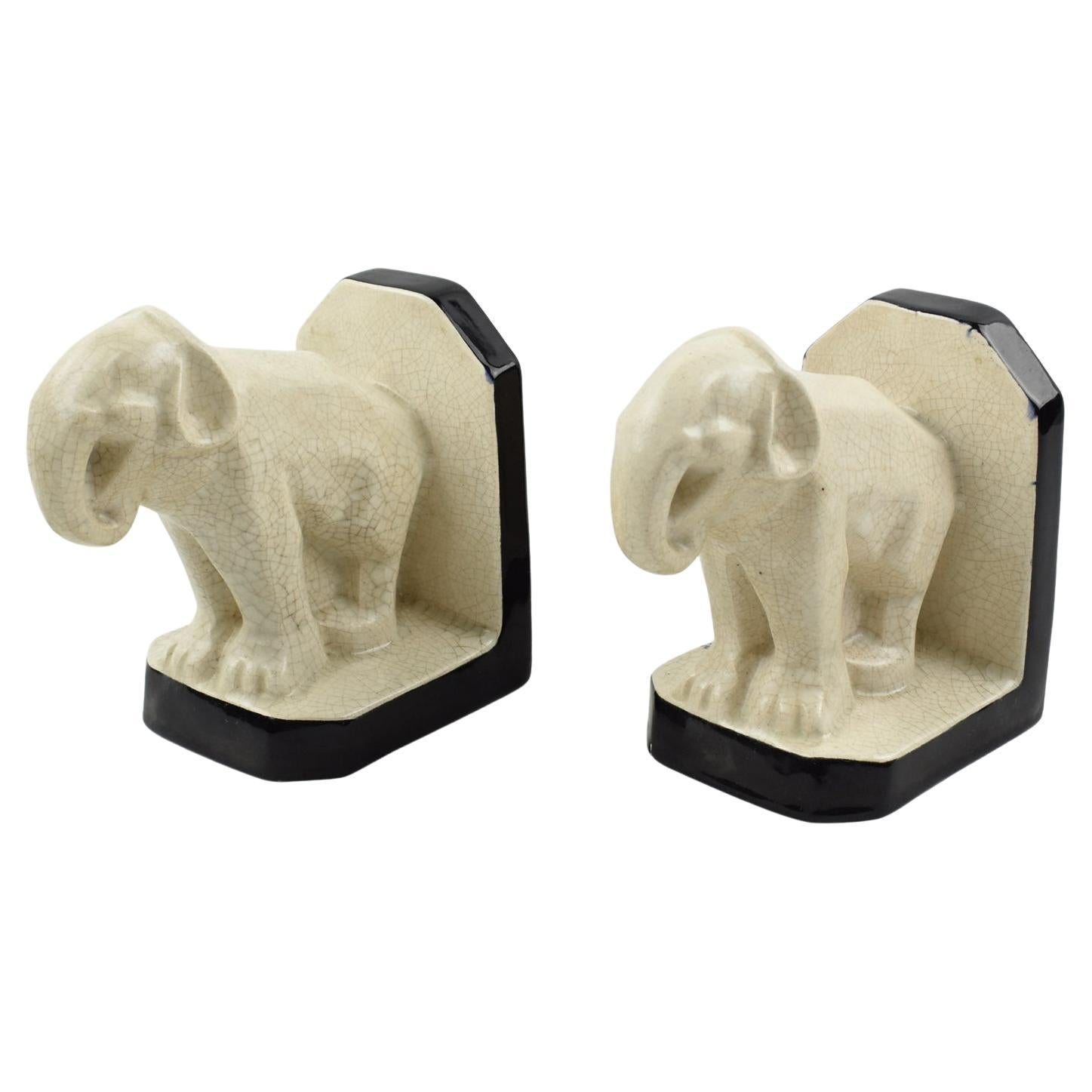 Art Deco Crackle Ceramic Elephant Sculpture Bookends by Le Moine, France 1930s