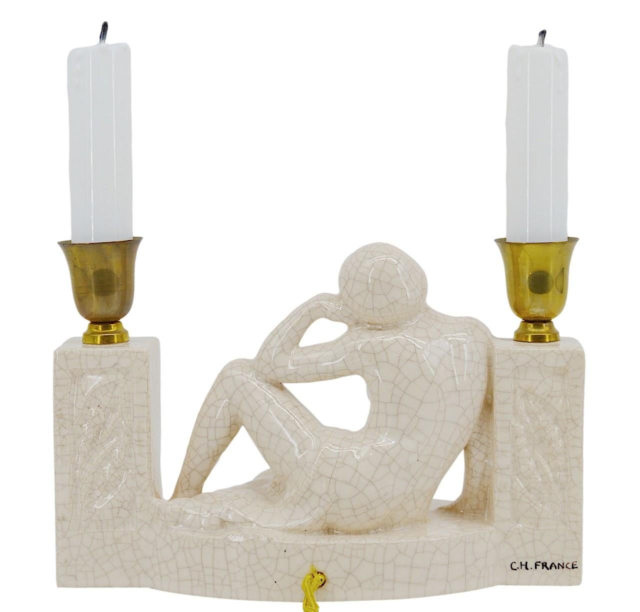 Début du 20ème siècle Lampe de table Art déco française en céramique à glaçure craquelée ou céramique Ceres, 1920 en vente