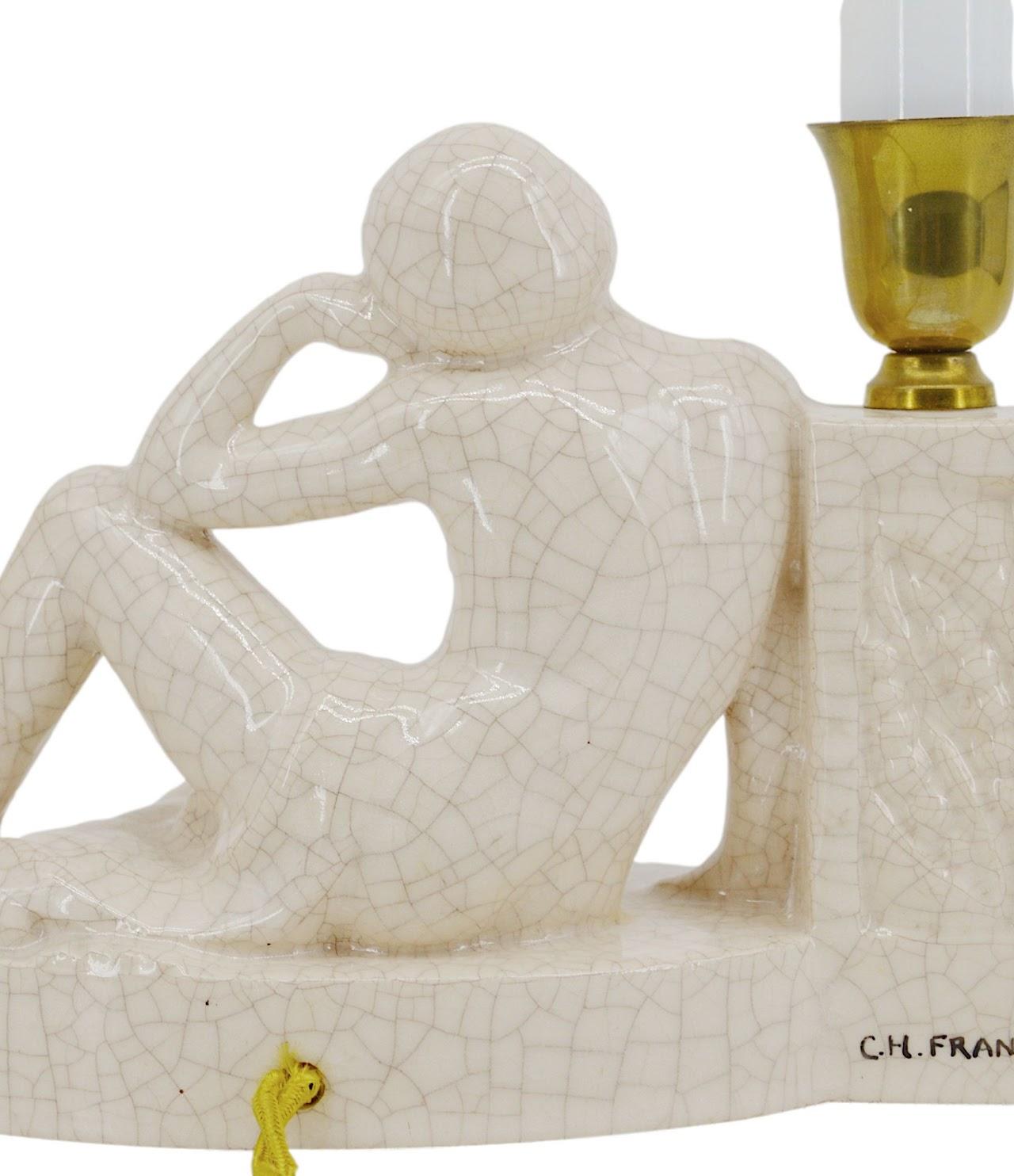 Laiton Lampe de table Art déco française en céramique à glaçure craquelée ou céramique Ceres, 1920 en vente