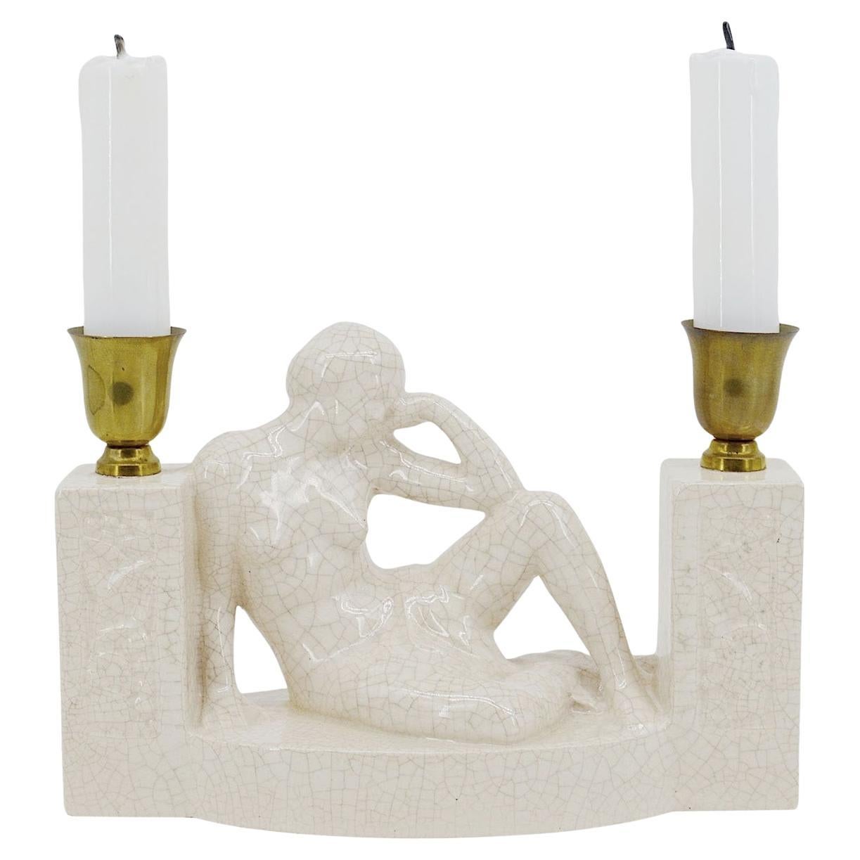 Lampada da tavolo Demeter o Ceres in ceramica con smaltatura a crepe, 1920