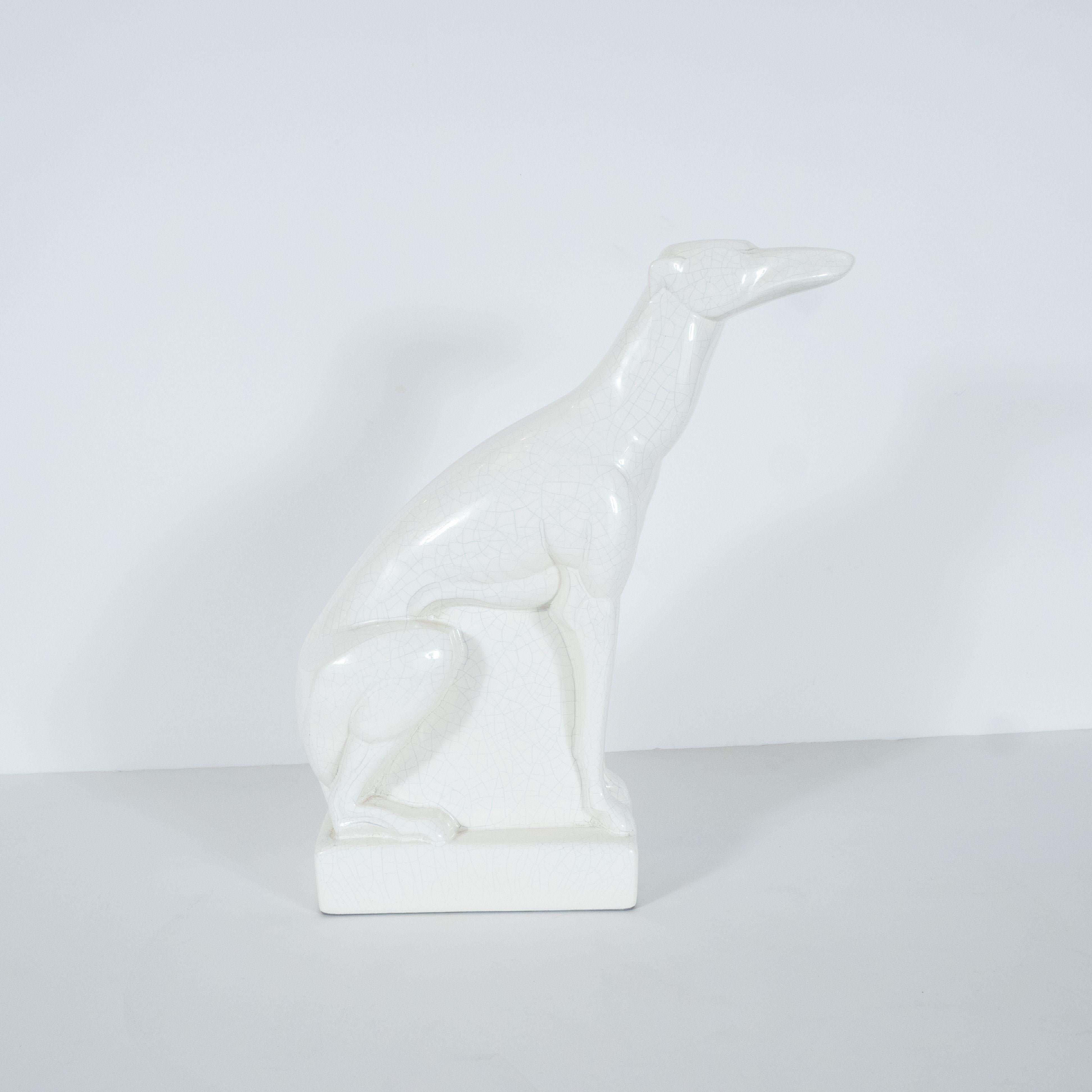 French Art Deco Craqueleur White Ceramic Greyhound Signed by Charles Lemanceau In Excellent Condition For Sale In New York, NY