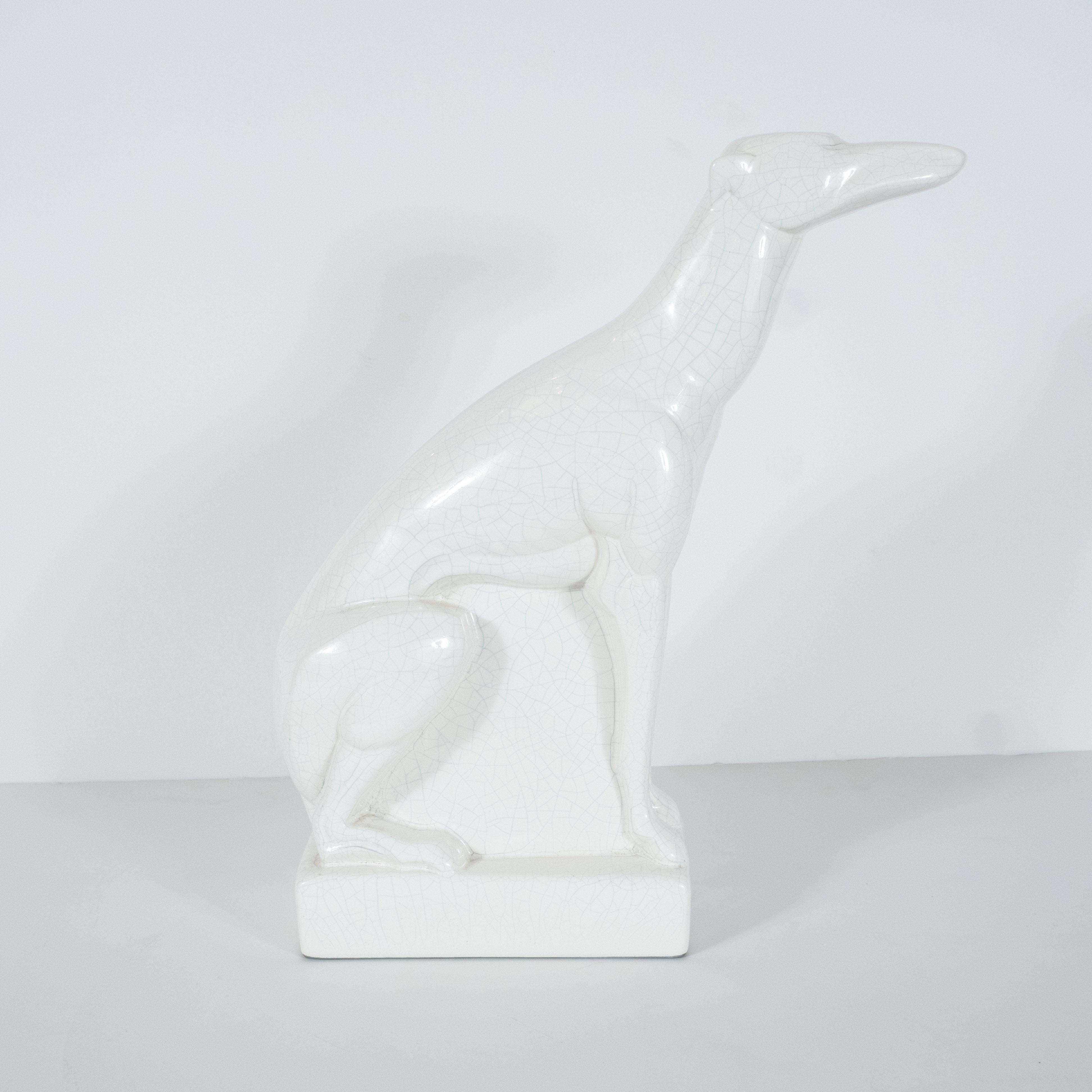 Mid-20th Century French Art Deco Craqueleur White Ceramic Greyhound Signed by Charles Lemanceau For Sale