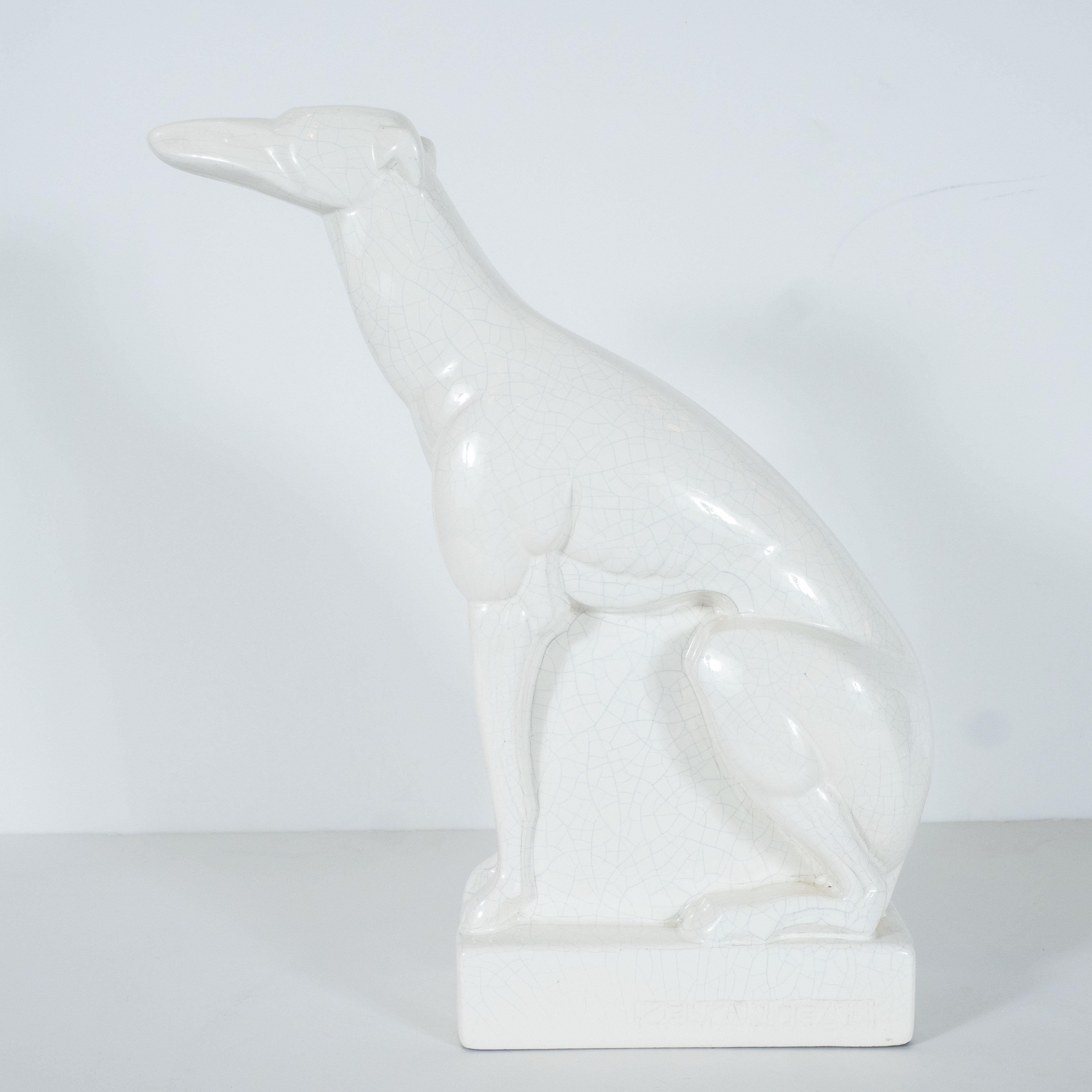 French Art Deco Craqueleur White Ceramic Greyhound Signed by Charles Lemanceau For Sale 4