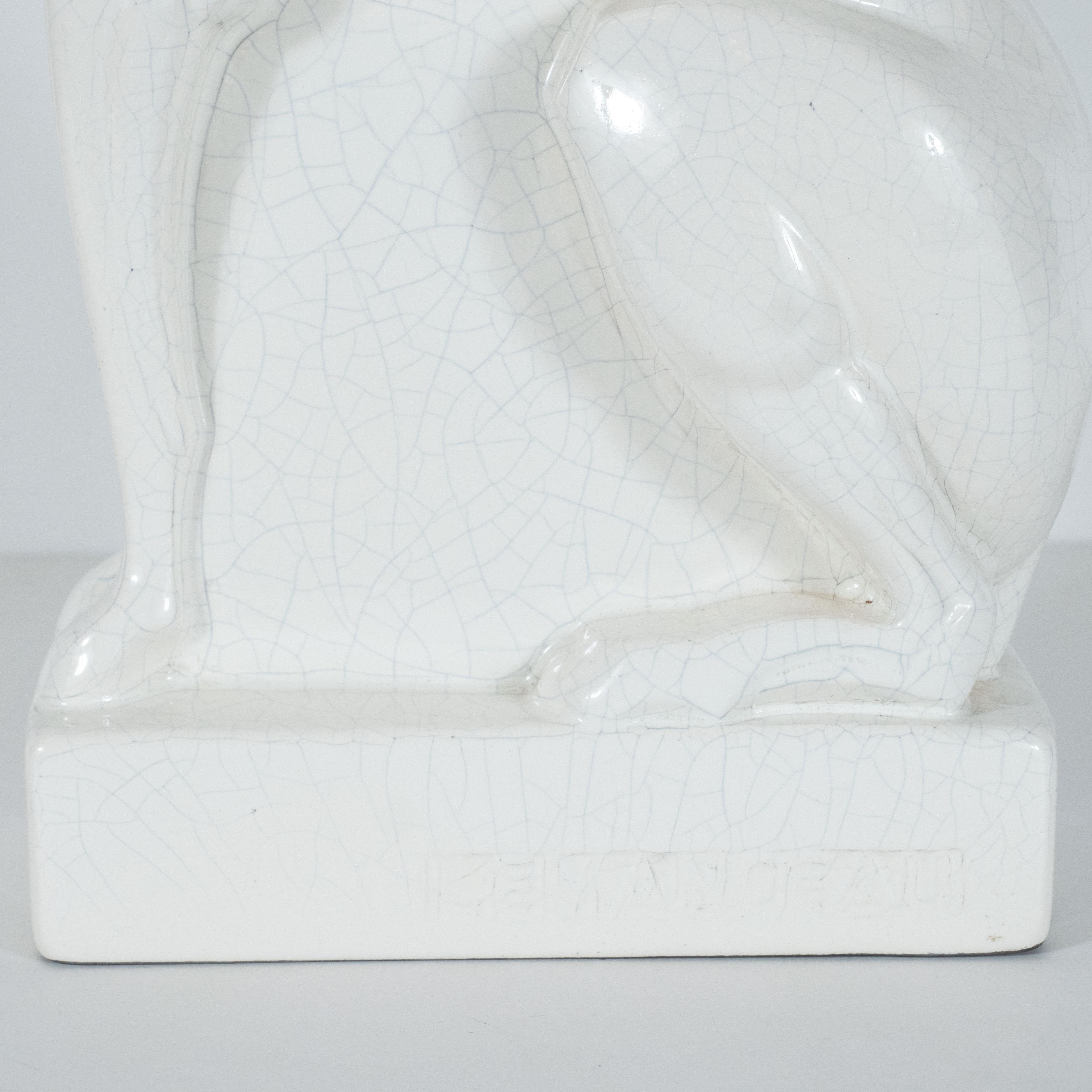 French Art Deco Craqueleur White Ceramic Greyhound Signed by Charles Lemanceau For Sale 5