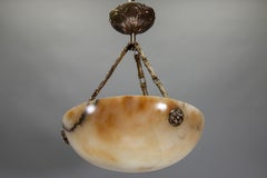 French Art Deco Cream Alabaster and Brass Pendant Light, ca. 1920s