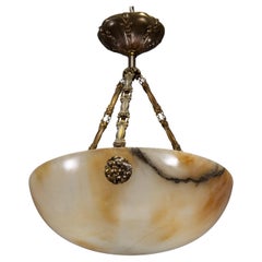 Antique French Art Deco Cream Alabaster and Brass Pendant Light, ca. 1920s