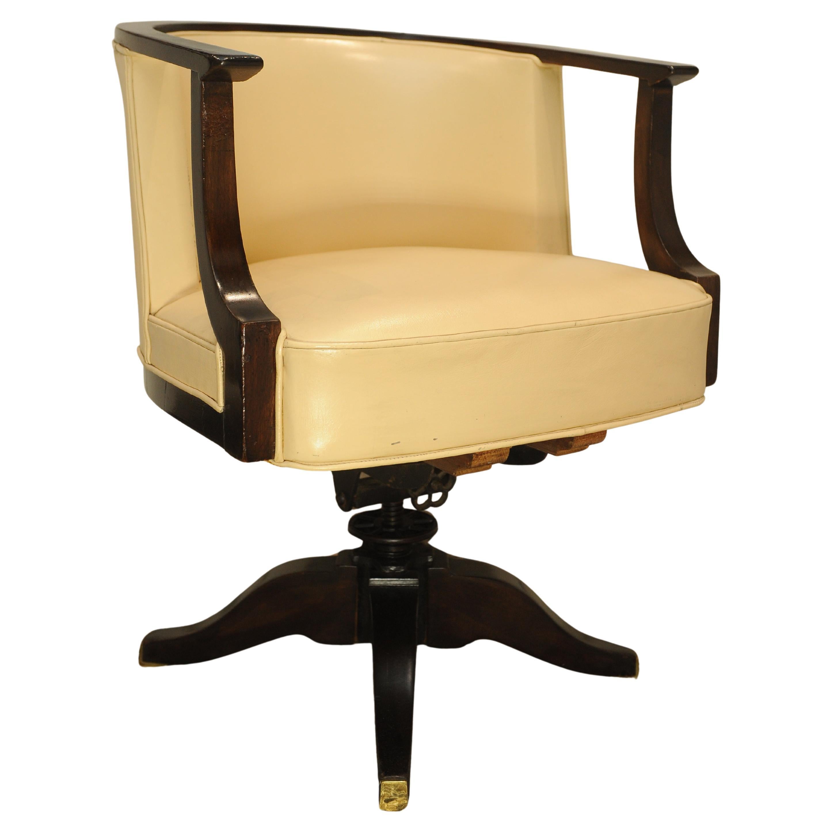 Chair 2025 1 AD

French Art Deco Cream EJ Ruhlmann Style Leather Swivelling Tub Desk Chair With Rail Swept Arm Supports. With A Cast Iron Mechanism & Four Tapered Legs With Brass Finishing Touches 

Chair is very much in the style of Emile - Jacques