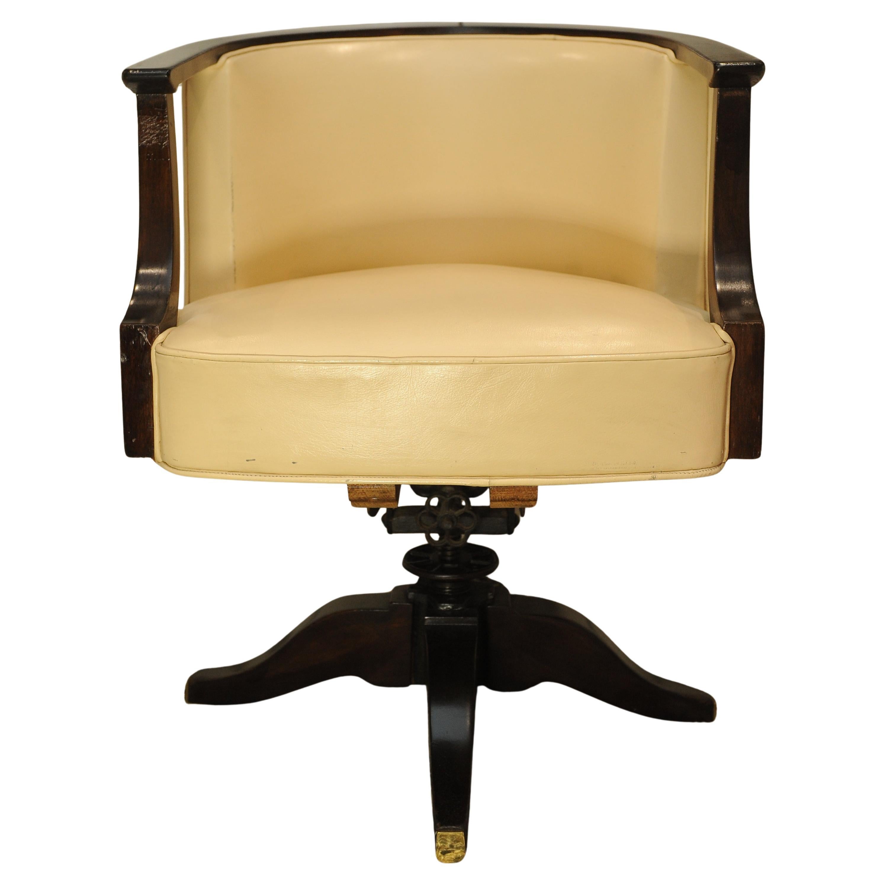20th Century French Art Deco Cream EJ Ruhlmann Style Leather Swivelling Tub Desk Chair For Sale