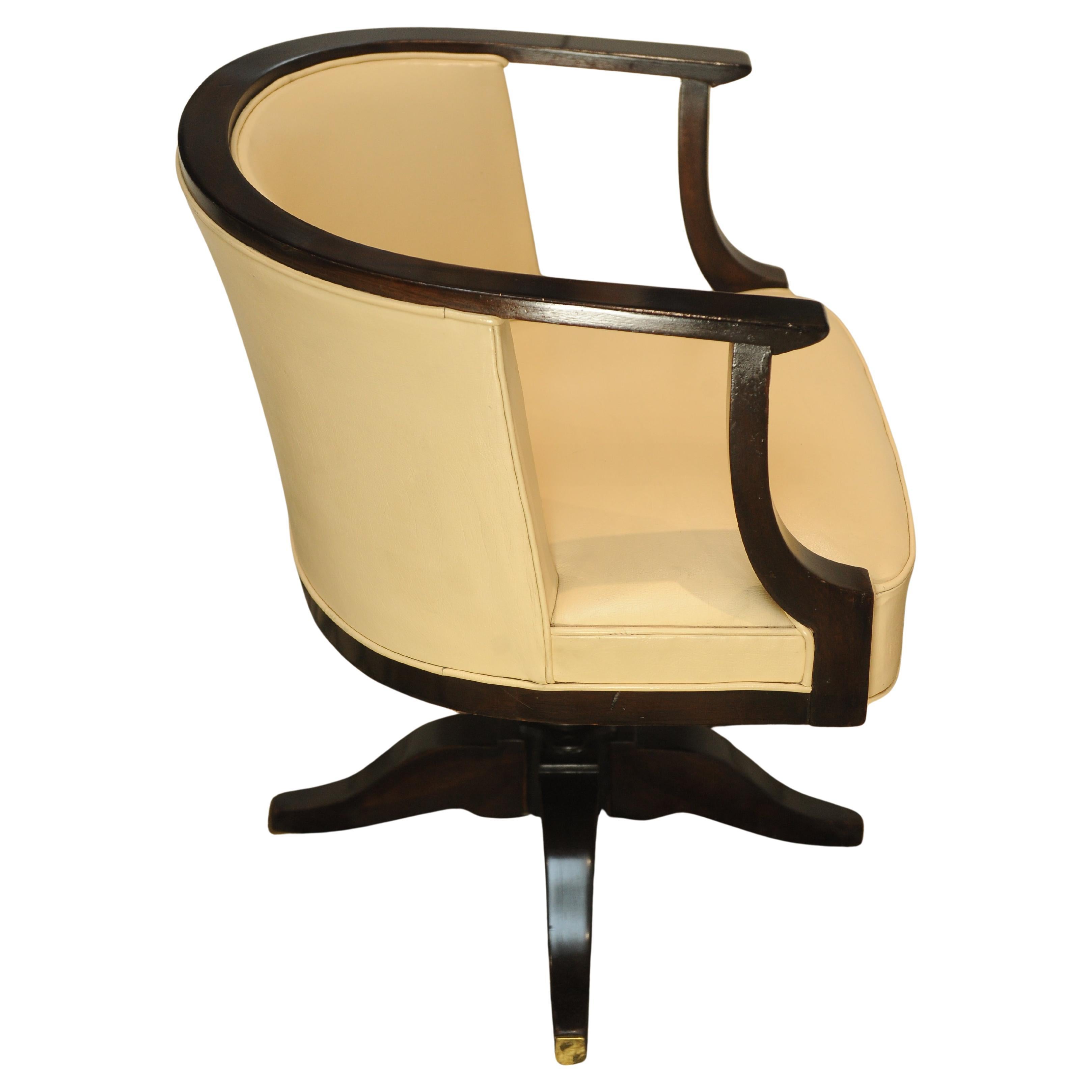 Brass French Art Deco Cream EJ Ruhlmann Style Leather Swivelling Tub Desk Chair For Sale