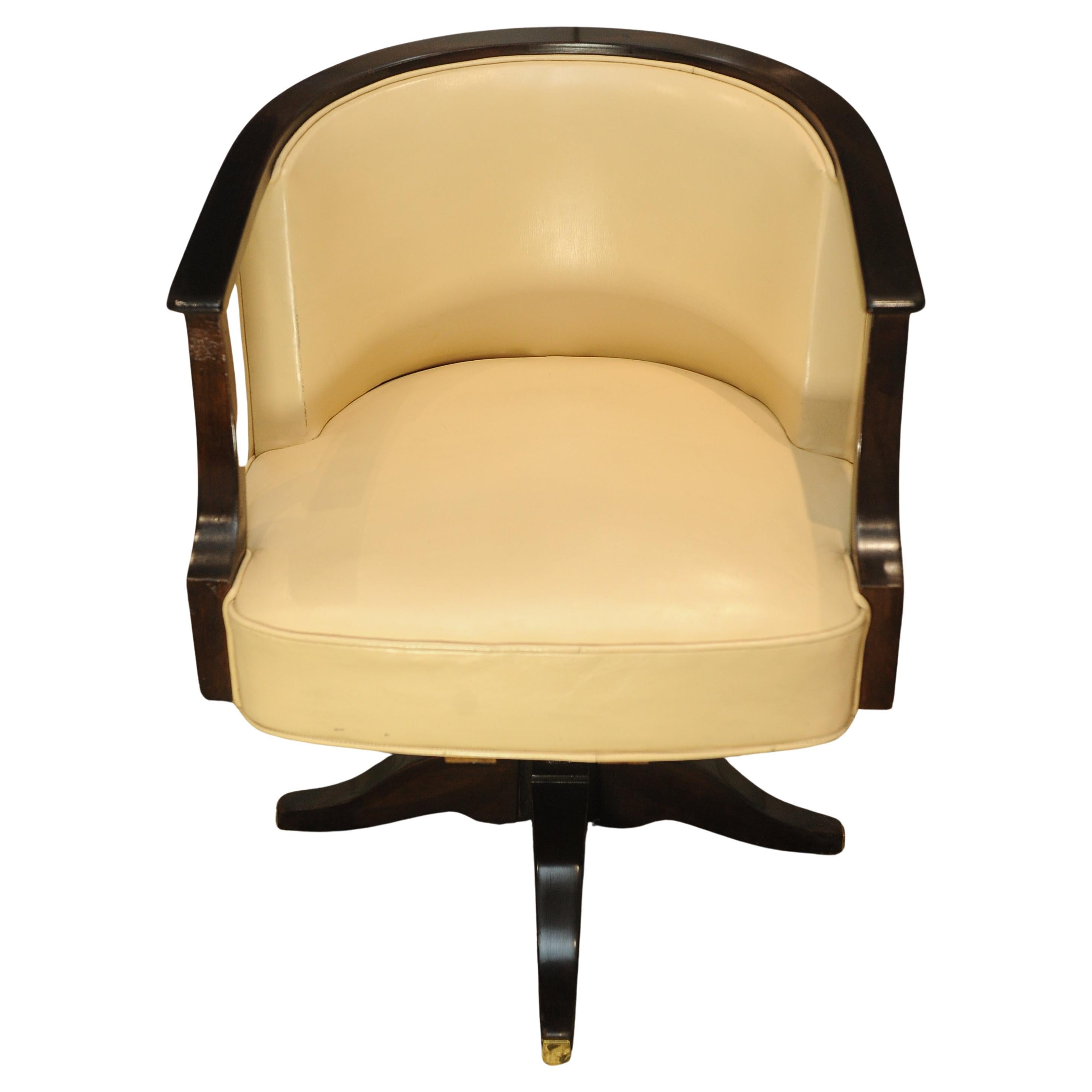 French Art Deco Cream EJ Ruhlmann Style Leather Swivelling Tub Desk Chair For Sale 2