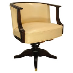 Silla de escritorio giratoria de cuero estilo Art Decó francés crema EJ Ruhlmann