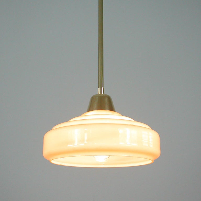 French Art Deco Cream Opaline Glass and Brass Pendants, 1930s-1940s, Set of 2 6