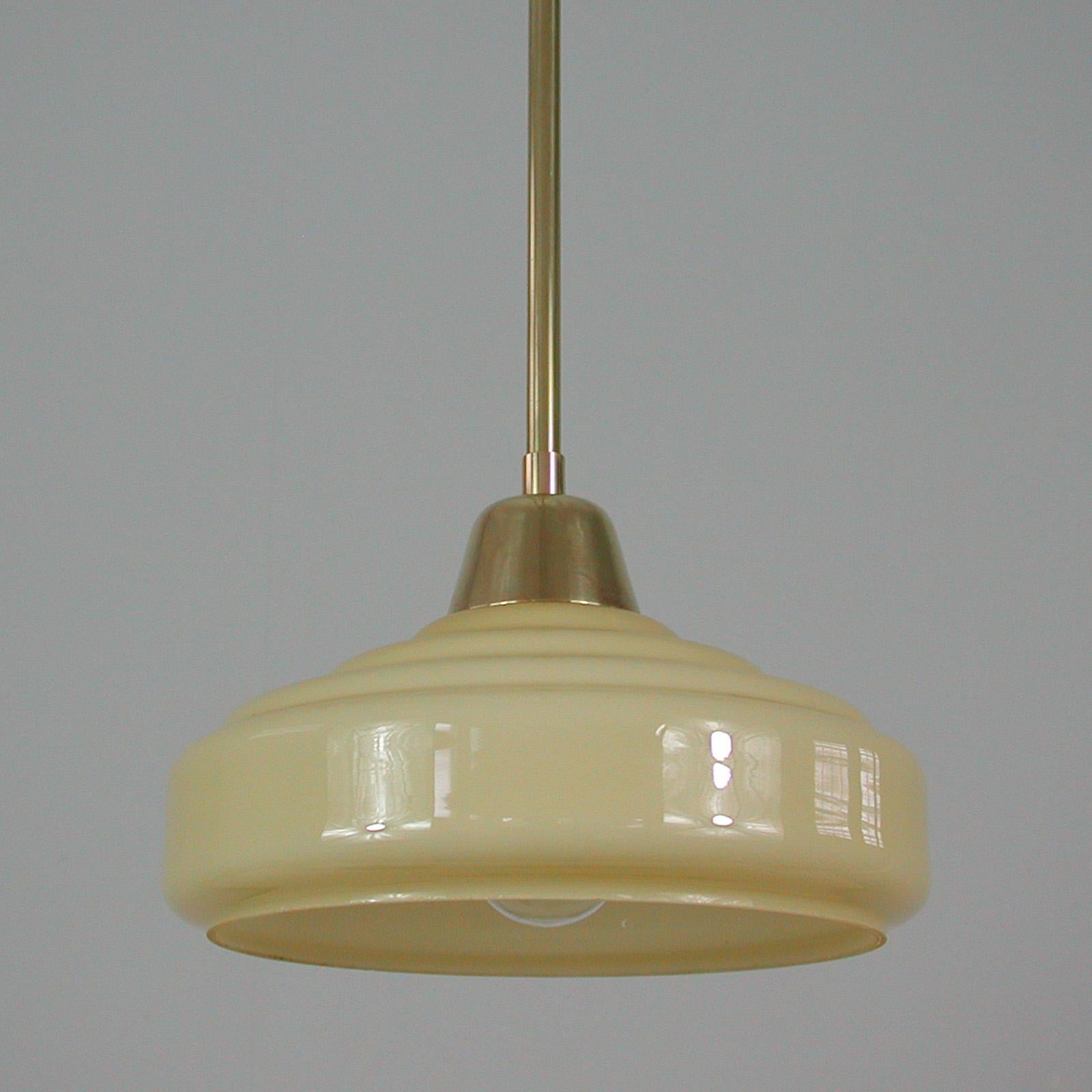 French Art Deco Cream Opaline Glass and Brass Pendants, 1930s-1940s, Set of 2 7