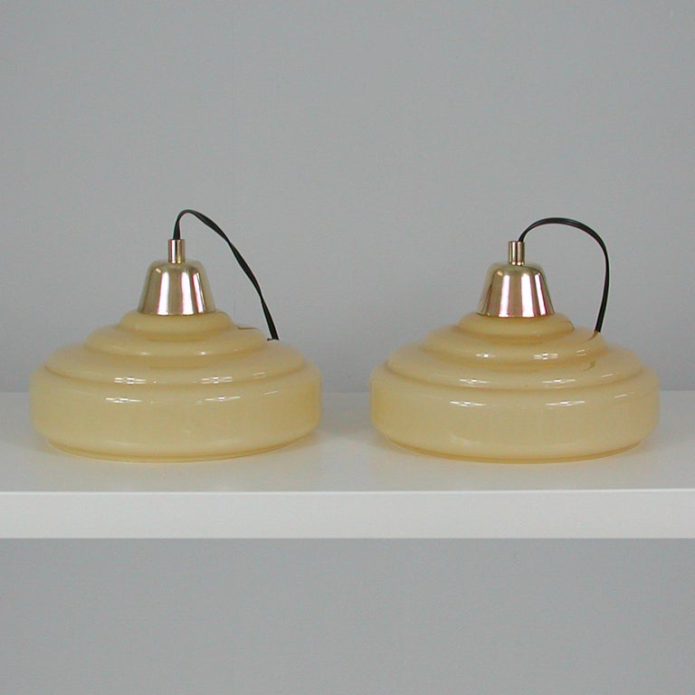 French Art Deco Cream Opaline Glass and Brass Pendants, 1930s-1940s, Set of 2 8