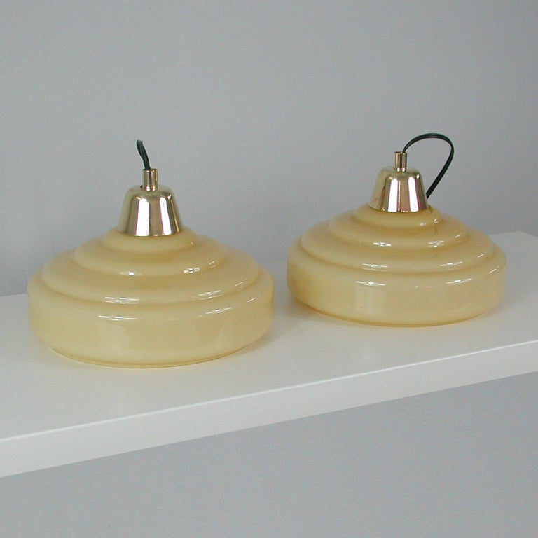 French Art Deco Cream Opaline Glass and Brass Pendants, 1930s-1940s, Set of 2 9