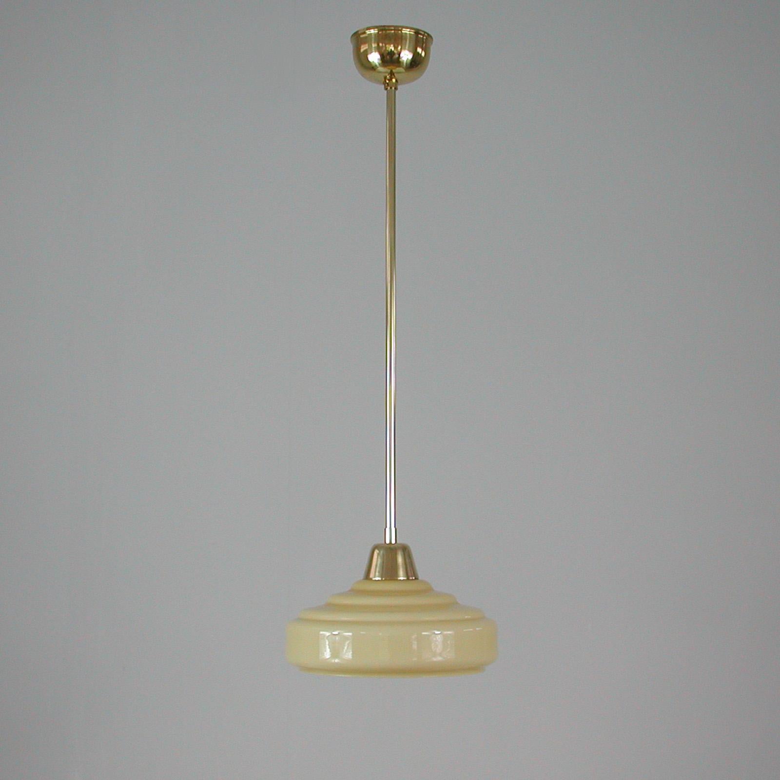 French Art Deco Cream Opaline Glass and Brass Pendants, 1930s-1940s, Set of 2 10