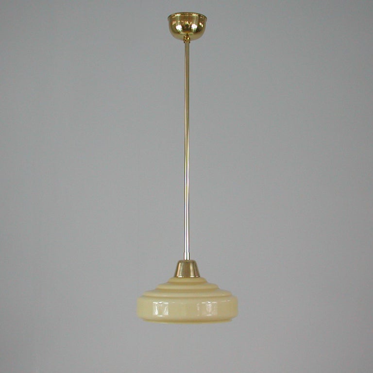French Art Deco Cream Opaline Glass and Brass Pendants, 1930s-1940s, Set of 2 10