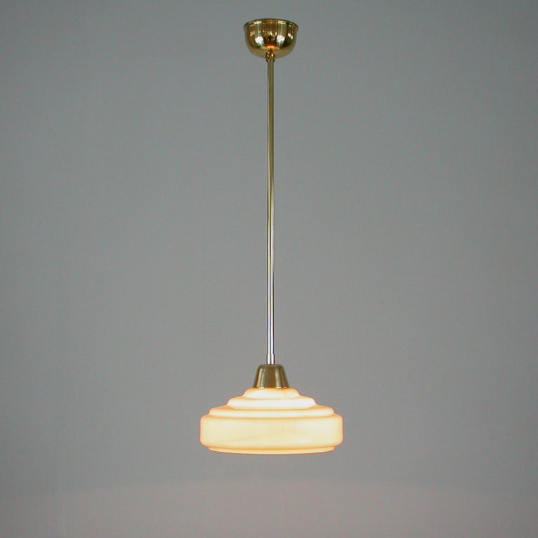 French Art Deco Cream Opaline Glass and Brass Pendants, 1930s-1940s, Set of 2 11