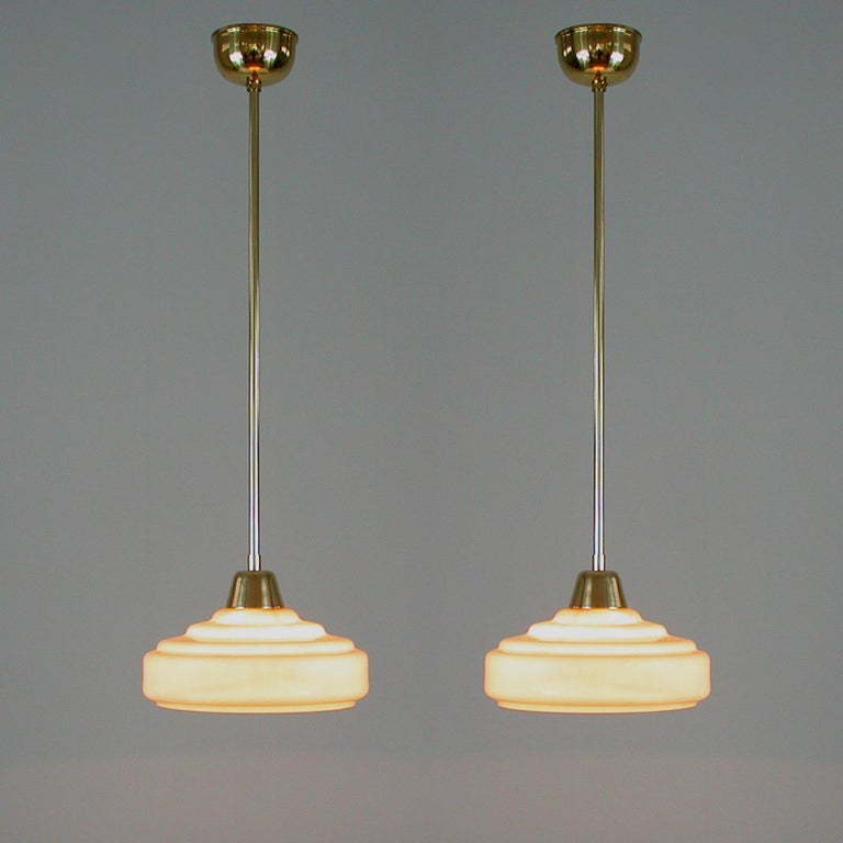 French Art Deco Cream Opaline Glass and Brass Pendants, 1930s-1940s, Set of 2 In Good Condition In Nümbrecht, NRW