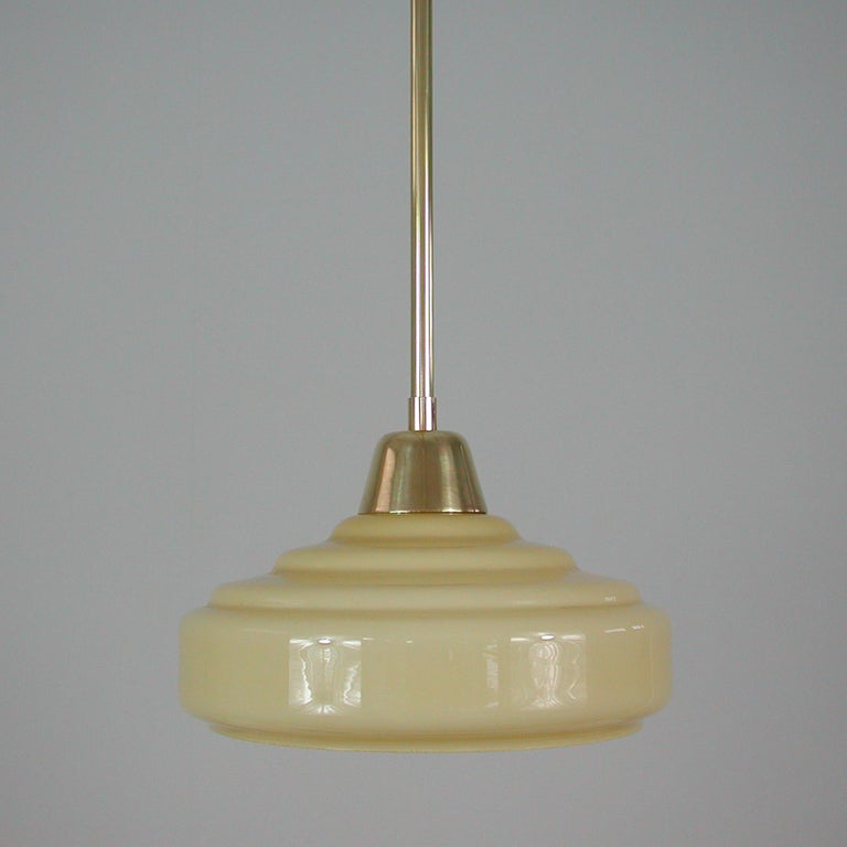 Mid-20th Century French Art Deco Cream Opaline Glass and Brass Pendants, 1930s-1940s, Set of 2