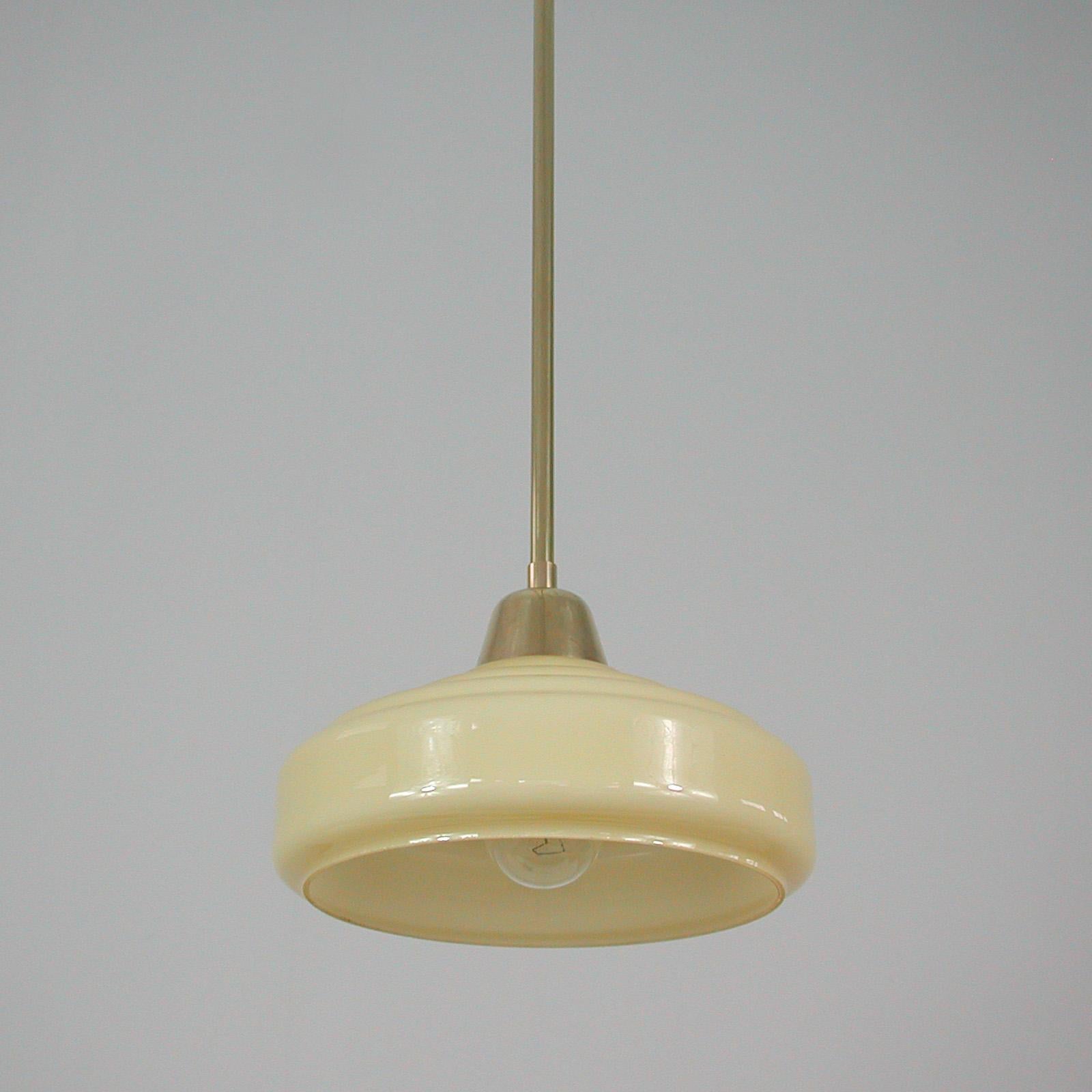French Art Deco Cream Opaline Glass and Brass Pendants, 1930s-1940s, Set of 2 2